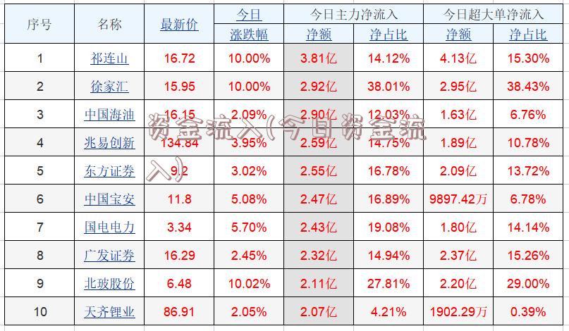 资金流入(今日资金流入)