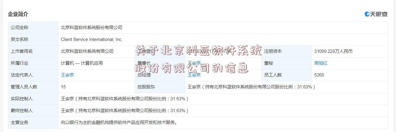 关于北京科蓝软件系统股份有限公司的信息