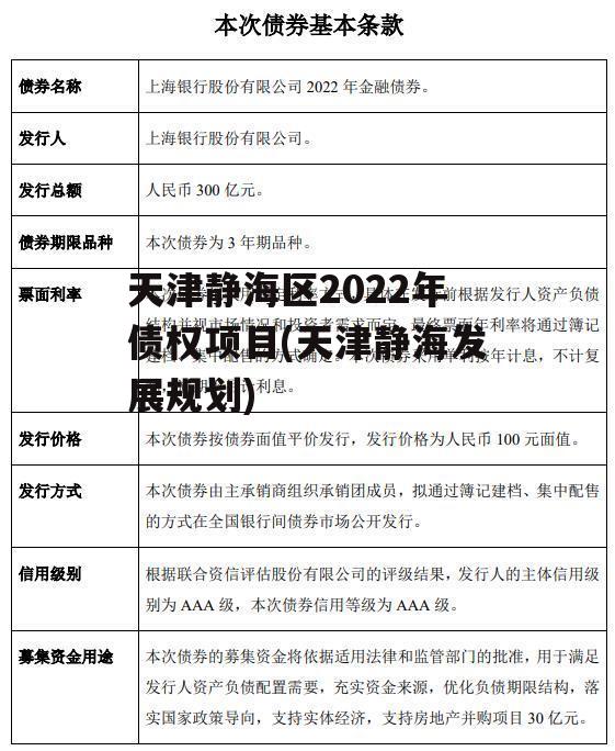 天津静海区2022年债权项目(天津静海发展规划)