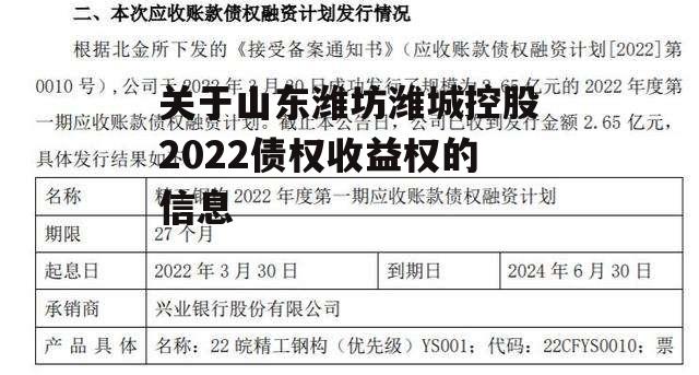 关于山东潍坊潍城控股2022债权收益权的信息