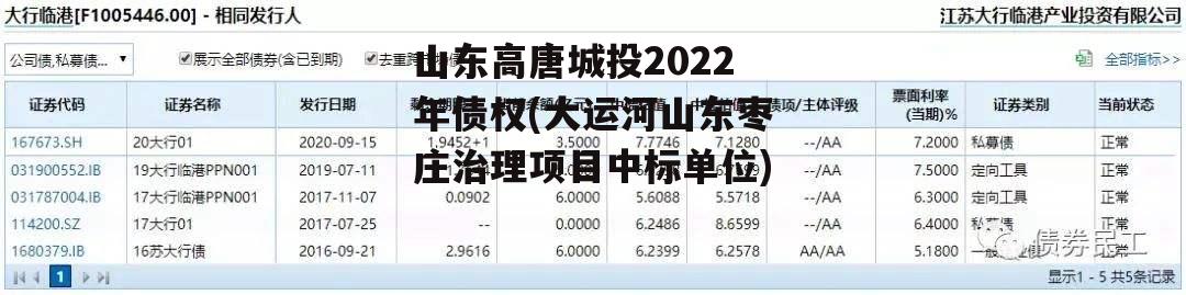 山东高唐城投2022年债权(大运河山东枣庄治理项目中标单位)