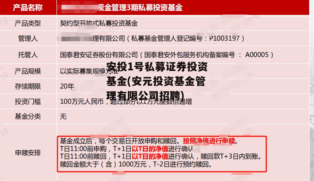 安投1号私募证券投资基金(安元投资基金管理有限公司招聘)