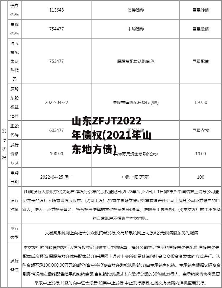 山东ZFJT2022年债权(2021年山东地方债)