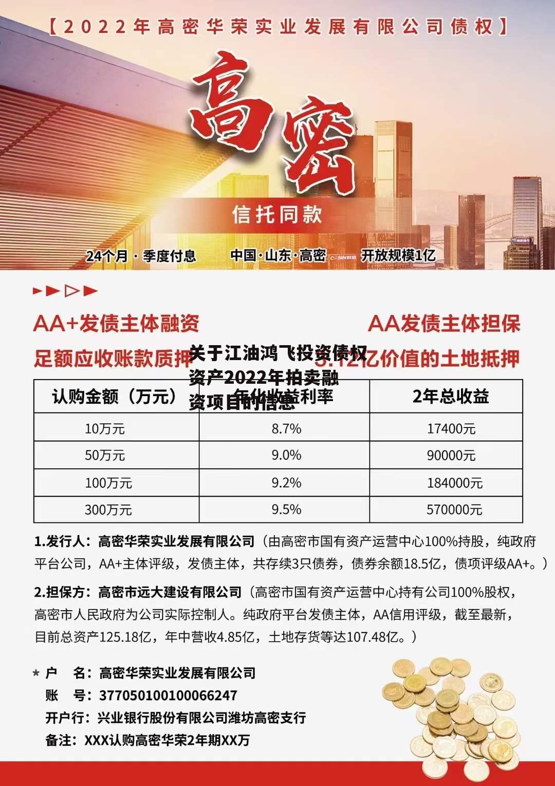 关于江油鸿飞投资债权资产2022年拍卖融资项目的信息