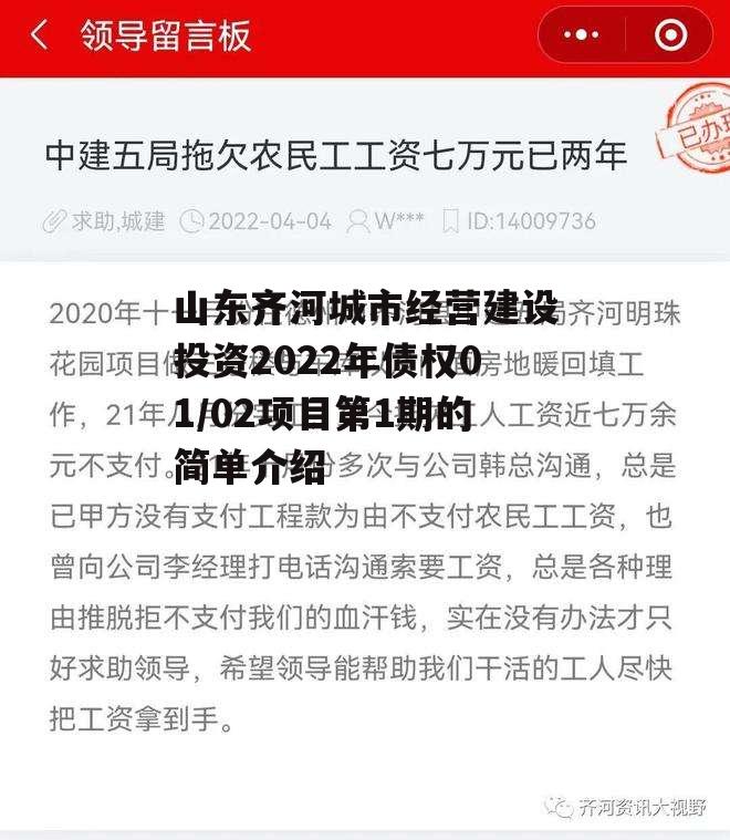 山东齐河城市经营建设投资2022年债权01/02项目第1期的简单介绍