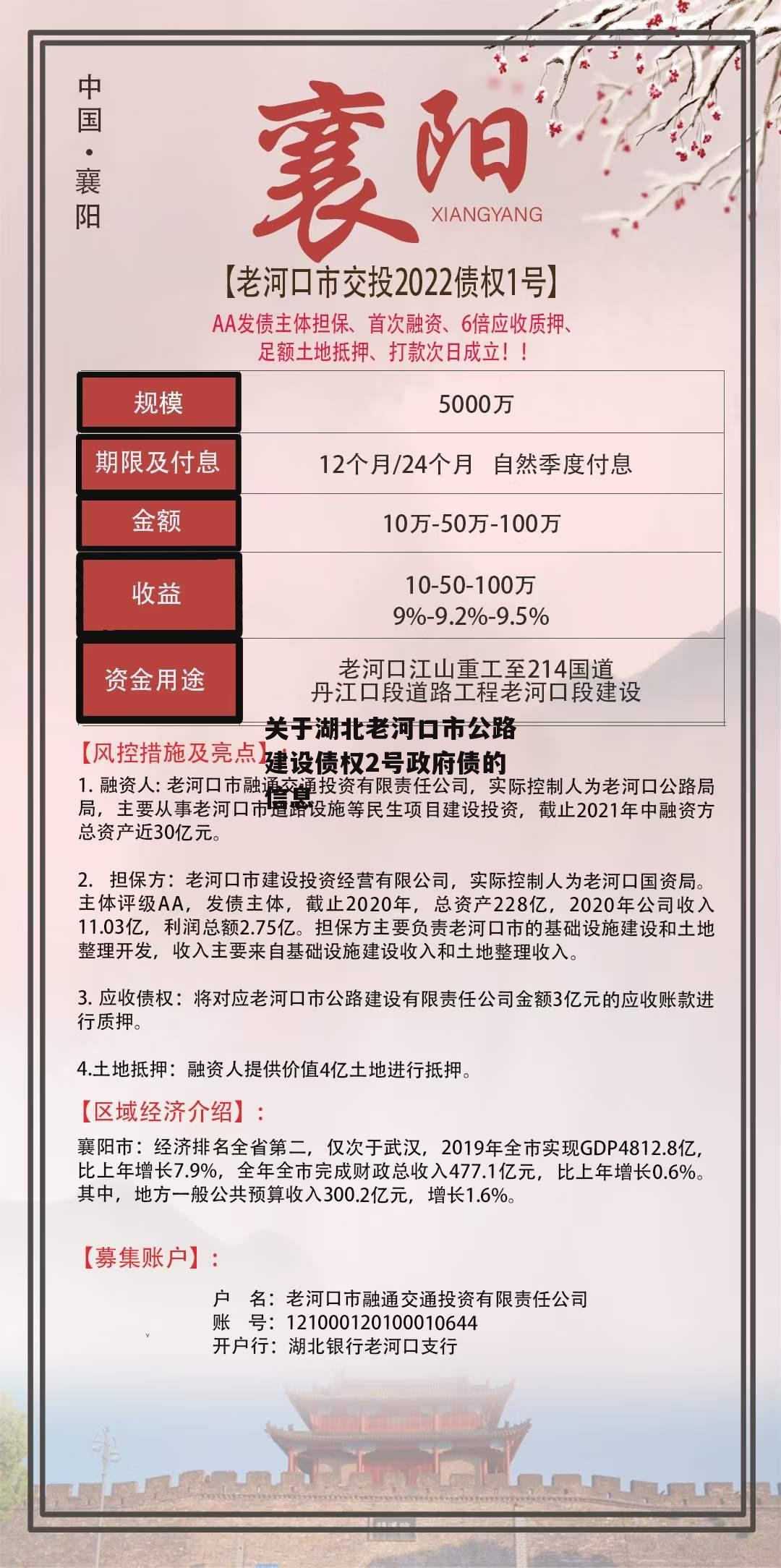 关于湖北老河口市公路建设债权2号政府债的信息