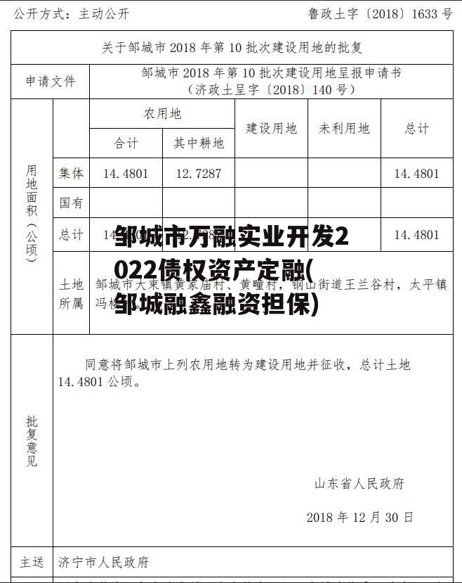 邹城市万融实业开发2022债权资产定融(邹城融鑫融资担保)