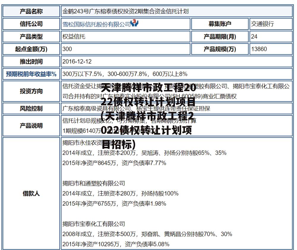 天津腾祥市政工程2022债权转让计划项目(天津腾祥市政工程2022债权转让计划项目招标)