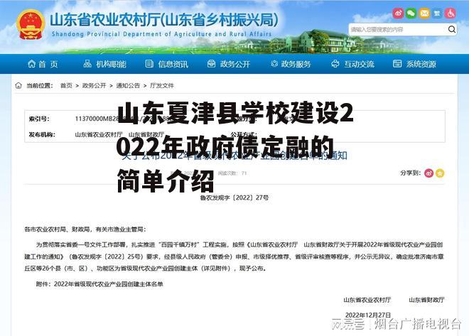 山东夏津县学校建设2022年政府债定融的简单介绍