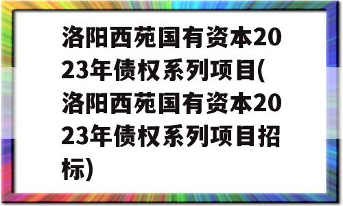 洛阳西苑国有资本2023年债权系列项目(洛阳西苑国有资本2023年债权系列项目招标)