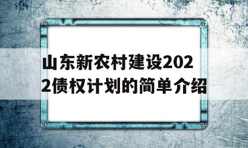 山东新农村建设2022债权计划的简单介绍