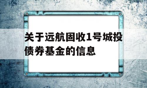 关于远航固收1号城投债券基金的信息