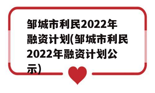 邹城市利民2022年融资计划(邹城市利民2022年融资计划公示)