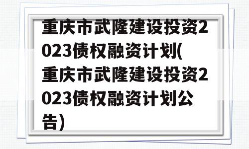 重庆市武隆建设投资2023债权融资计划(重庆市武隆建设投资2023债权融资计划公告)