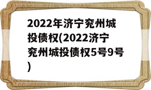 2022年济宁兖州城投债权(2022济宁兖州城投债权5号9号)