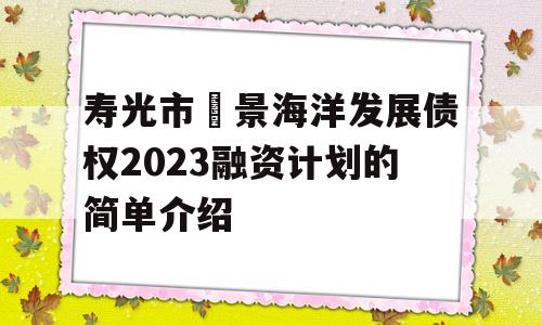 寿光市昇景海洋发展债权2023融资计划的简单介绍