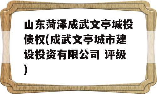 山东菏泽成武文亭城投债权(成武文亭城市建设投资有限公司 评级)