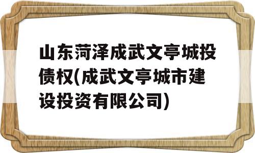 山东菏泽成武文亭城投债权(成武文亭城市建设投资有限公司)