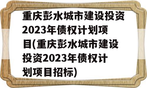 重庆彭水城市建设投资2023年债权计划项目(重庆彭水城市建设投资2023年债权计划项目招标)