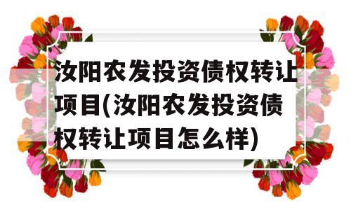 汝阳农发投资债权转让项目(汝阳农发投资债权转让项目怎么样)