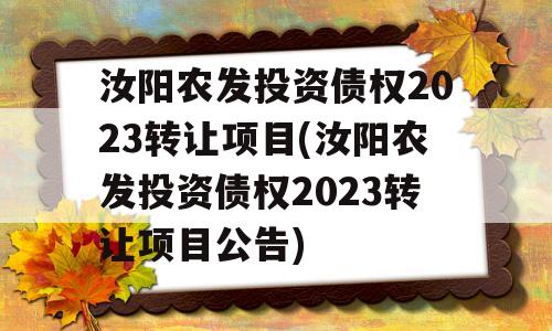 汝阳农发投资债权2023转让项目(汝阳农发投资债权2023转让项目公告)