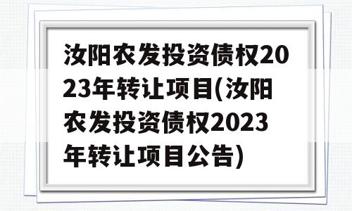 汝阳农发投资债权2023年转让项目(汝阳农发投资债权2023年转让项目公告)