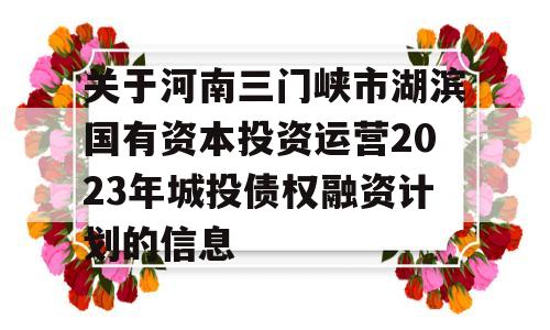 关于河南三门峡市湖滨国有资本投资运营2023年城投债权融资计划的信息