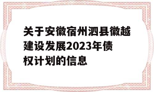 关于安徽宿州泗县徽越建设发展2023年债权计划的信息