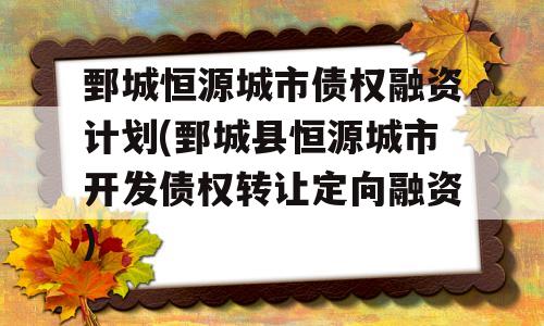 鄄城恒源城市债权融资计划(鄄城县恒源城市开发债权转让定向融资)