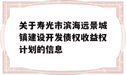 关于寿光市滨海远景城镇建设开发债权收益权计划的信息