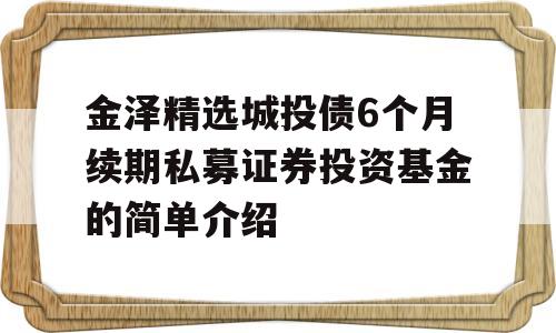 金泽精选城投债6个月续期私募证券投资基金的简单介绍