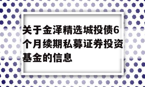 关于金泽精选城投债6个月续期私募证券投资基金的信息