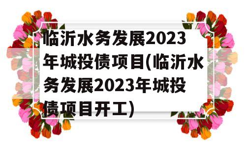 临沂水务发展2023年城投债项目(临沂水务发展2023年城投债项目开工)