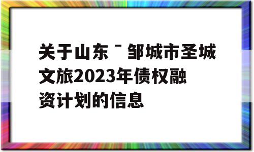 关于山东ˉ邹城市圣城文旅2023年债权融资计划的信息