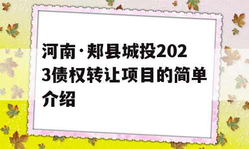 河南·郏县城投2023债权转让项目的简单介绍