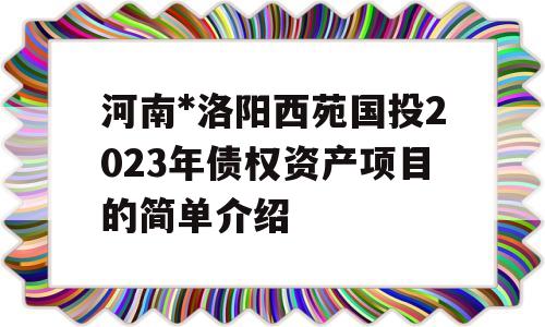 河南*洛阳西苑国投2023年债权资产项目的简单介绍