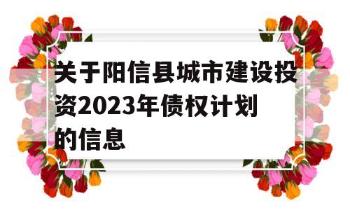 关于阳信县城市建设投资2023年债权计划的信息