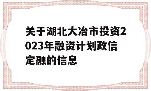 关于湖北大冶市投资2023年融资计划政信定融的信息