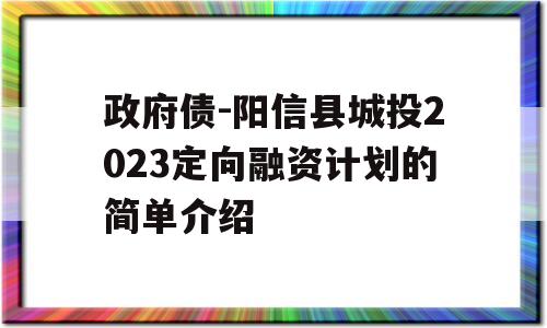 政府债-阳信县城投2023定向融资计划的简单介绍