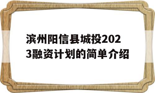 滨州阳信县城投2023融资计划的简单介绍