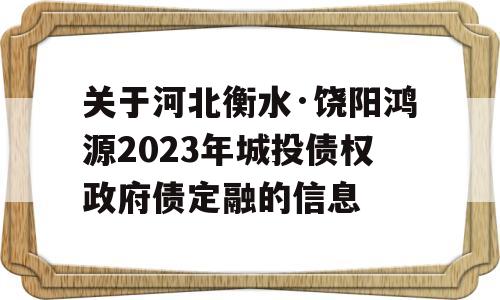 关于河北衡水·饶阳鸿源2023年城投债权政府债定融的信息