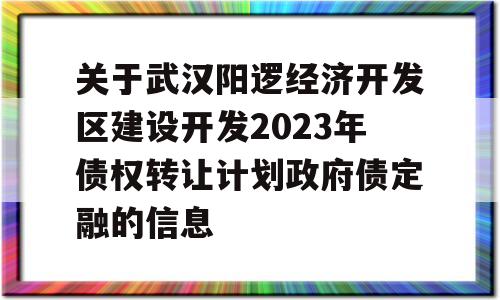 关于武汉阳逻经济开发区建设开发2023年债权转让计划政府债定融的信息