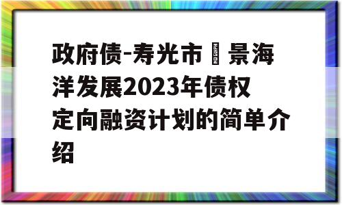 政府债-寿光市昇景海洋发展2023年债权定向融资计划的简单介绍