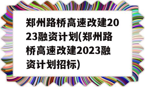 郑州路桥高速改建2023融资计划(郑州路桥高速改建2023融资计划招标)