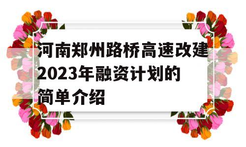 河南郑州路桥高速改建2023年融资计划的简单介绍