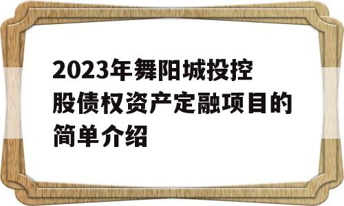 2023年舞阳城投控股债权资产定融项目的简单介绍